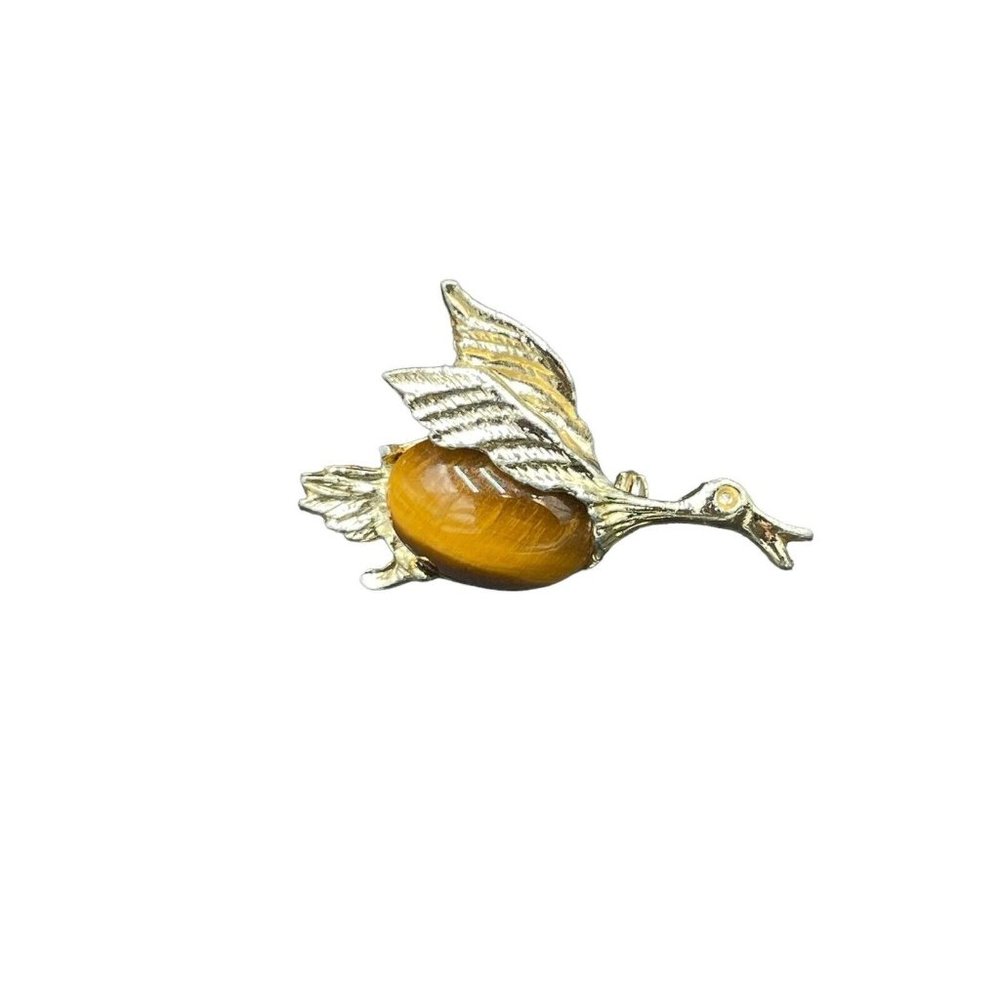Vintage Flying Bird Brooch Tigers Eye Jelly Belly Pin Goldtone 2 inch